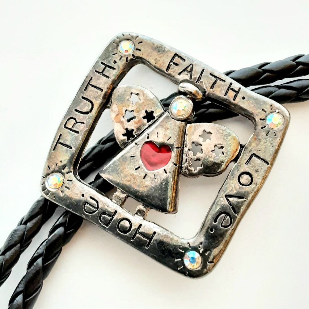 Retired Premier Designs Motivational Angel Brooch Bolo Tie Black Leather Cord